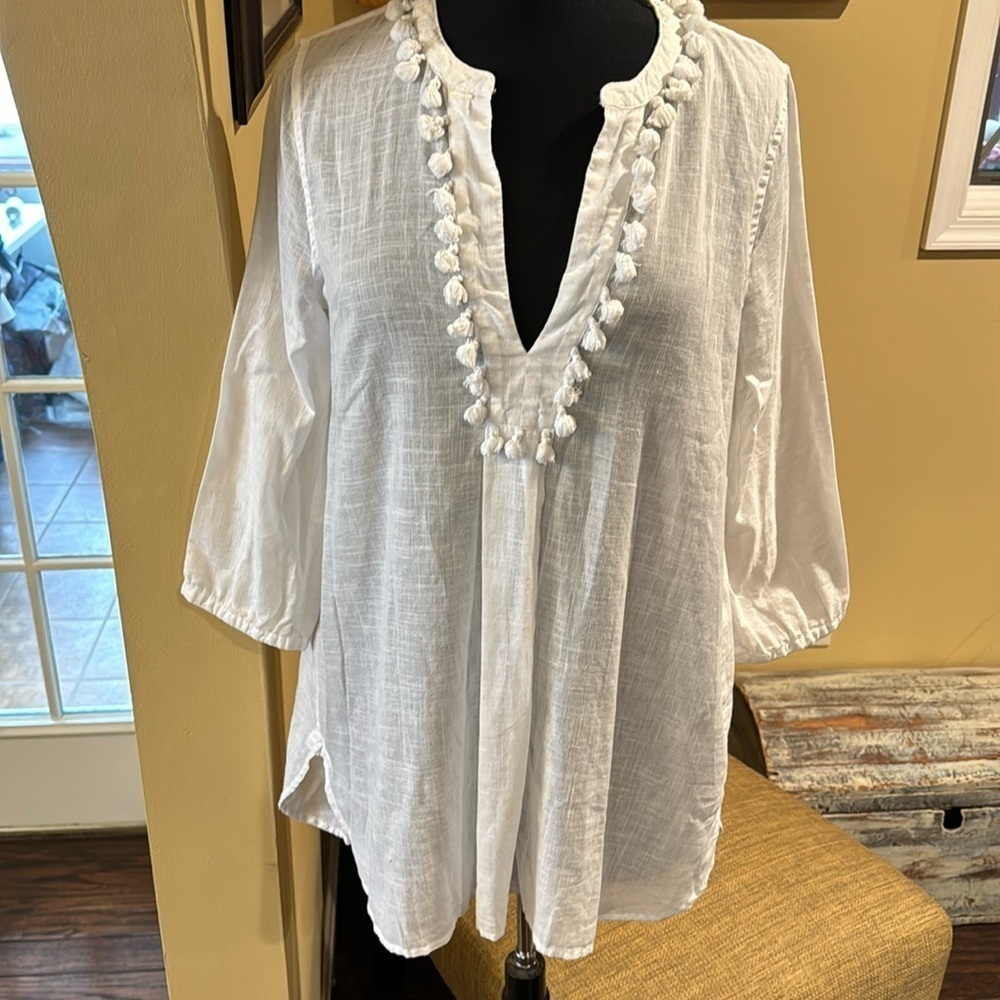 J Crew Woman’s White Pullover Tassel Neckline Linen/CottonTunic